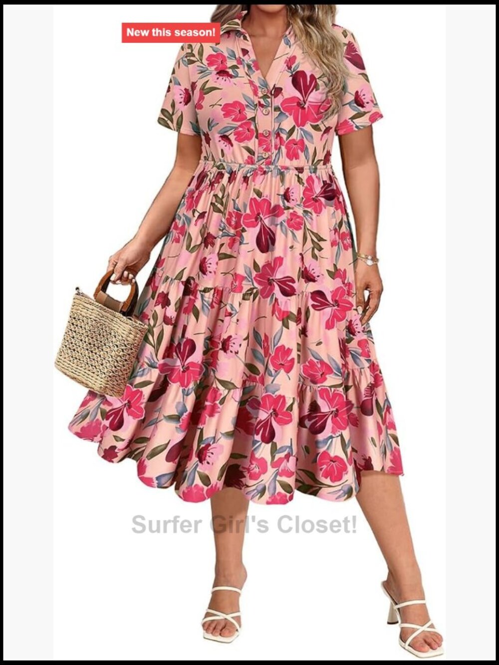 Plus Size Midi Dress with Collared V-Neck Short Sleeve Floral Ruffle Pocket